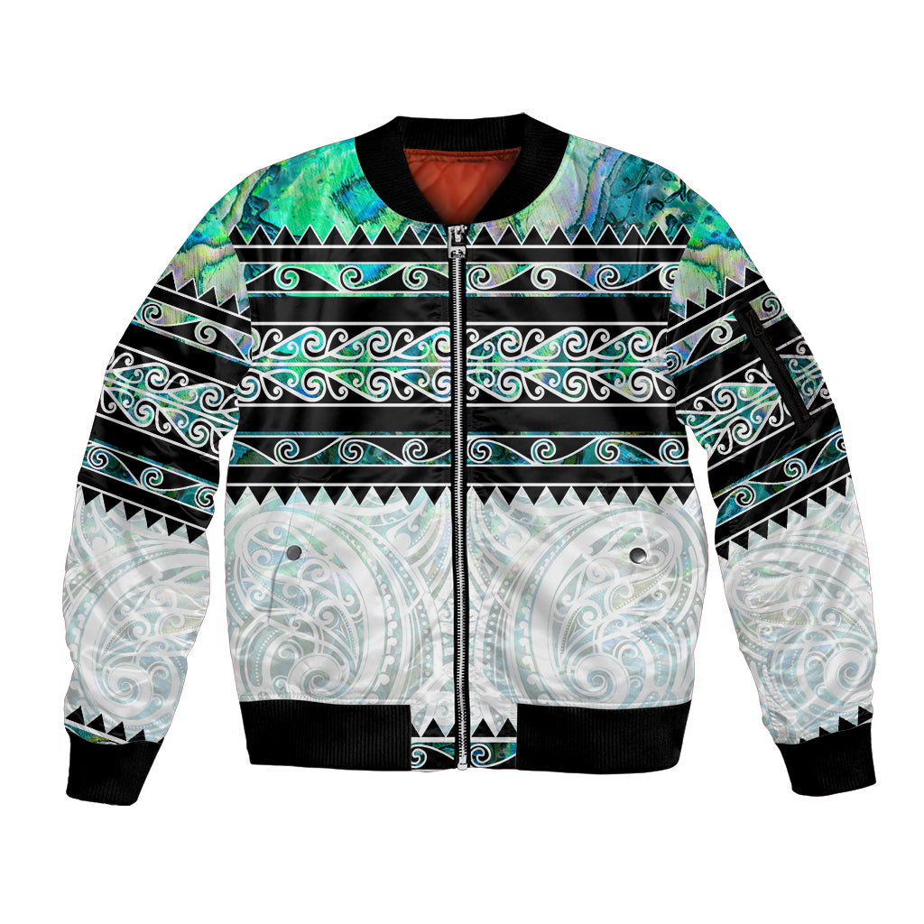 New Zealand Aotearoa Sleeve Zip Bomber Jacket With Paua Shell Kowhaiwhai Pattern LT05 Unisex Green - Polynesian Pride