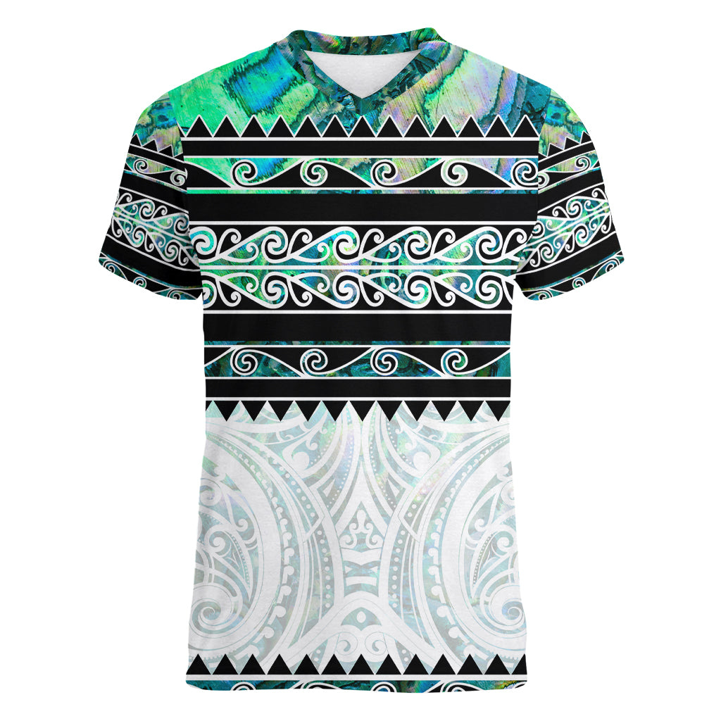New Zealand Aotearoa Women V Neck T Shirt With Paua Shell Kowhaiwhai Pattern LT05 Female Green - Polynesian Pride