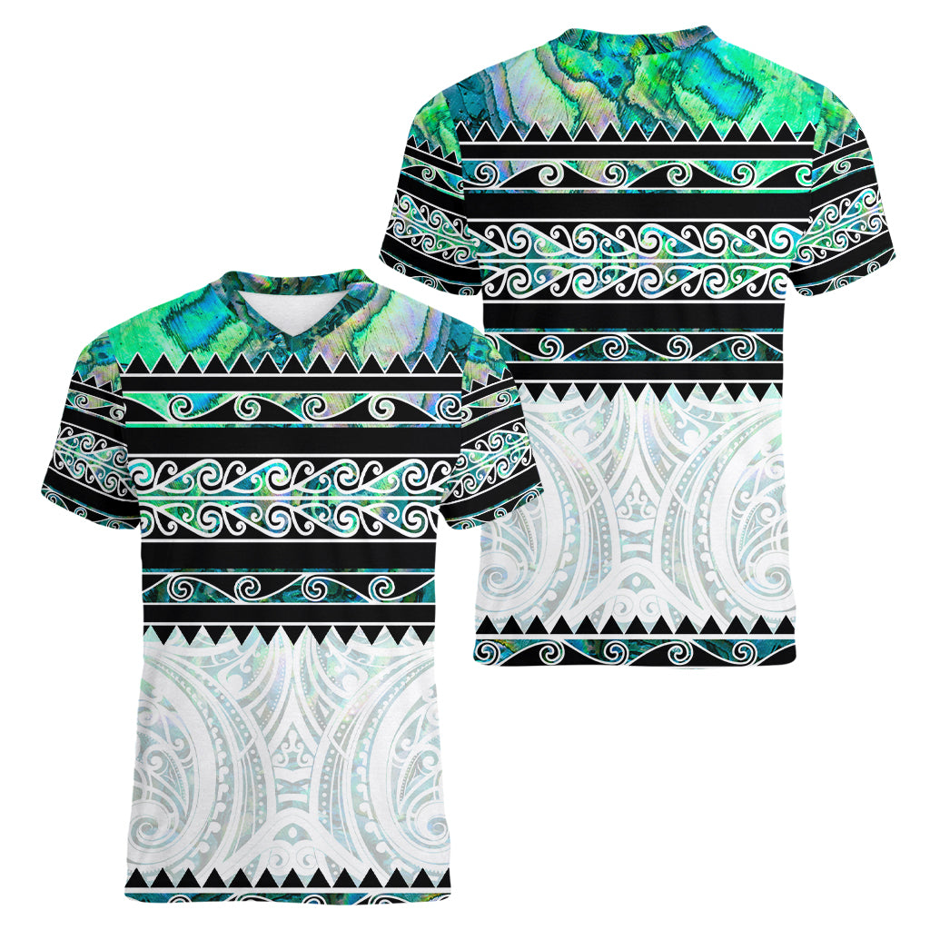 New Zealand Aotearoa Women V Neck T Shirt With Paua Shell Kowhaiwhai Pattern LT05 - Polynesian Pride