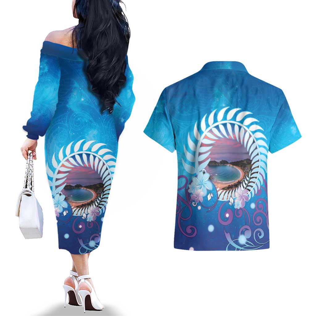 New Zealand Matapouri Beach Landscape Couples Matching Off The Shoulder Long Sleeve Dress and Hawaiian Shirt