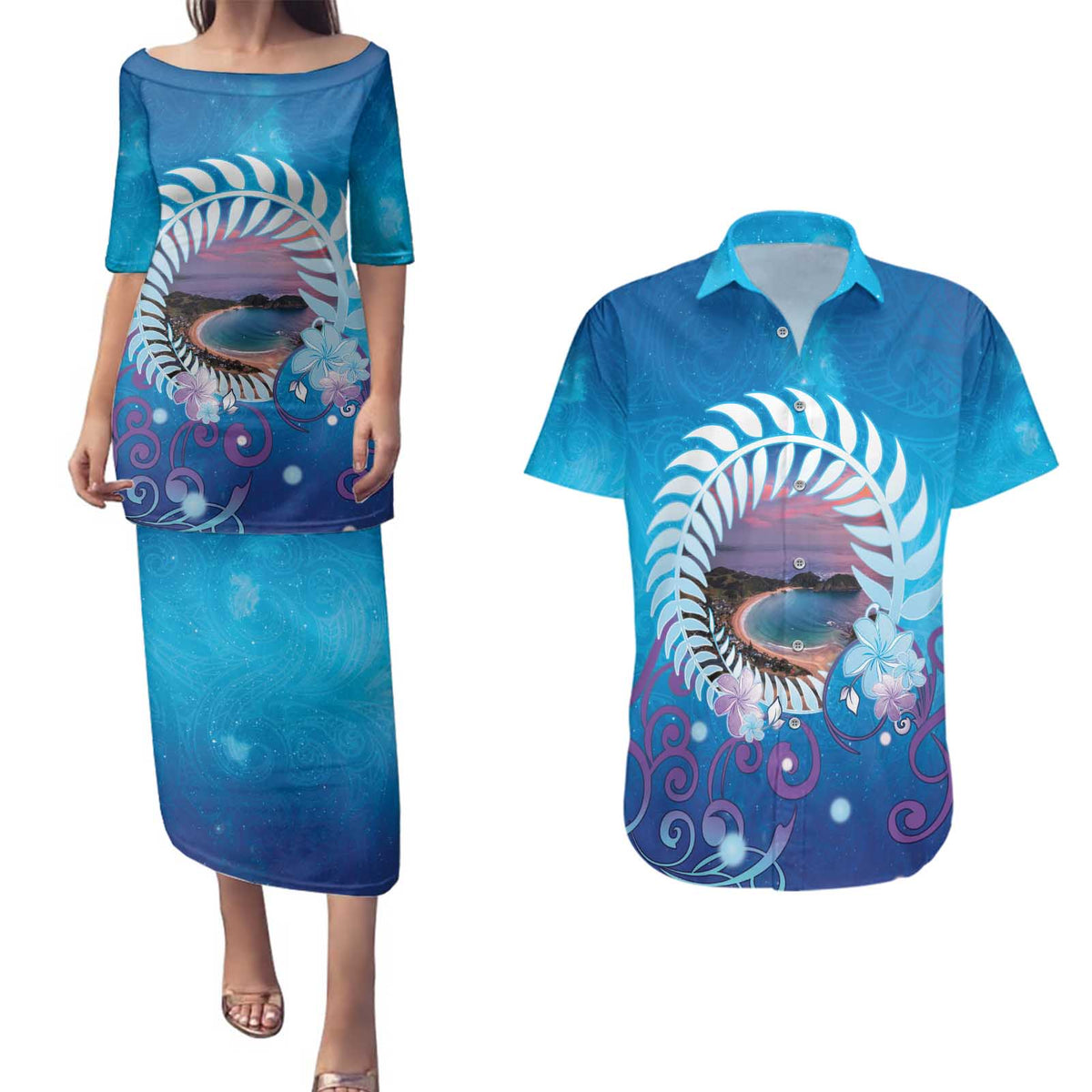 New Zealand Matapouri Beach Landscape Couples Matching Puletasi and Hawaiian Shirt