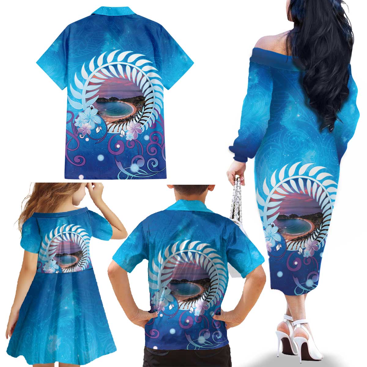 New Zealand Matapouri Beach Landscape Family Matching Off The Shoulder Long Sleeve Dress and Hawaiian Shirt