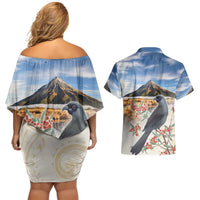 New Zealand Mount Taranaki Landscape Couples Matching Off Shoulder Short Dress and Hawaiian Shirt Kokako Bird Polynesian Style