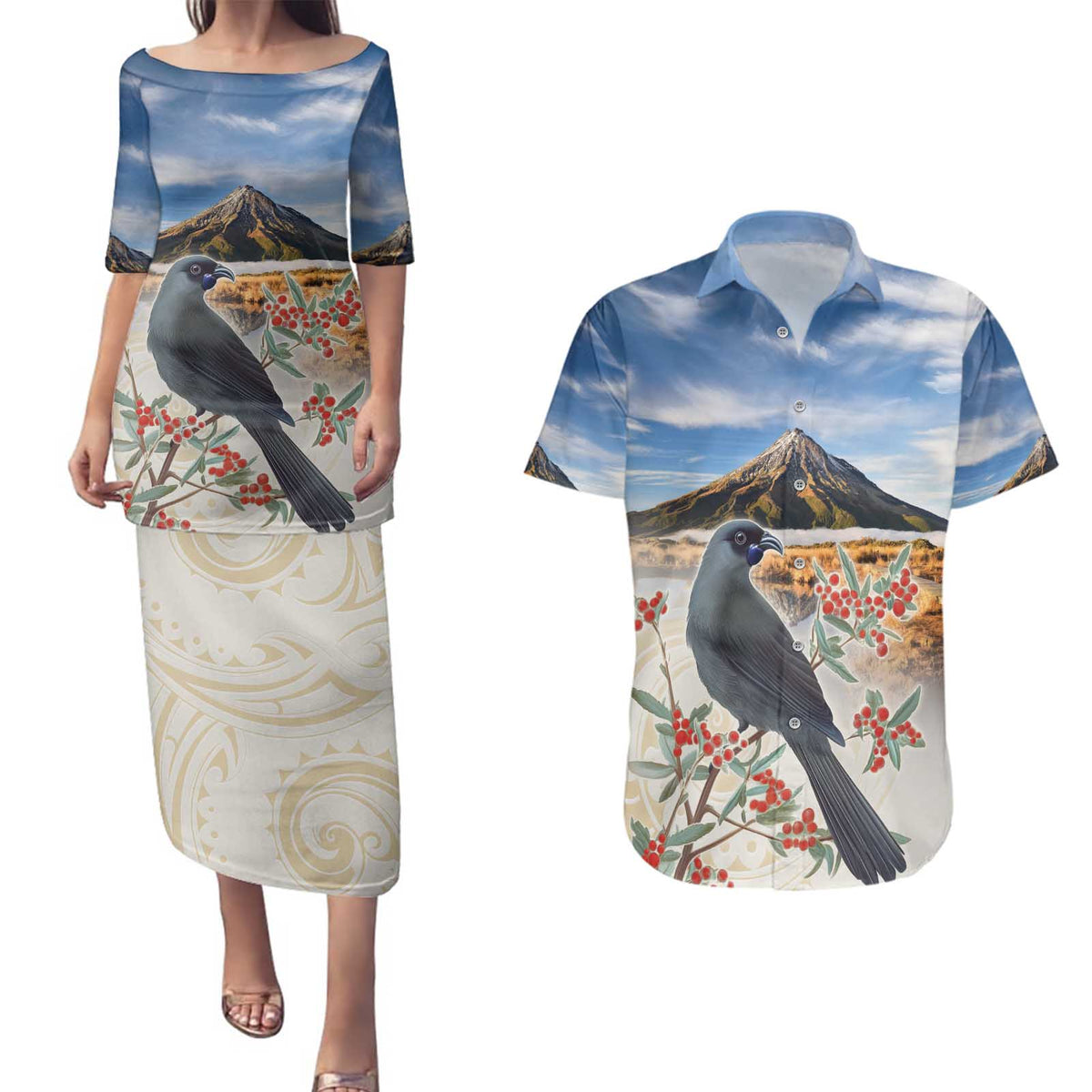 New Zealand Mount Taranaki Landscape Couples Matching Puletasi and Hawaiian Shirt Kokako Bird Polynesian Style