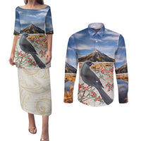 New Zealand Mount Taranaki Landscape Couples Matching Puletasi and Long Sleeve Button Shirt Kokako Bird Polynesian Style