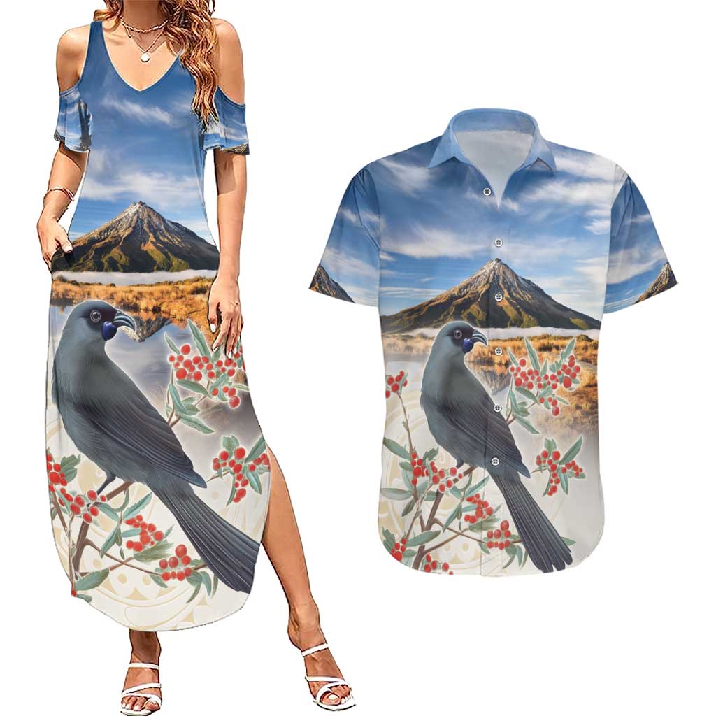 New Zealand Mount Taranaki Landscape Couples Matching Summer Maxi Dress and Hawaiian Shirt Kokako Bird Polynesian Style