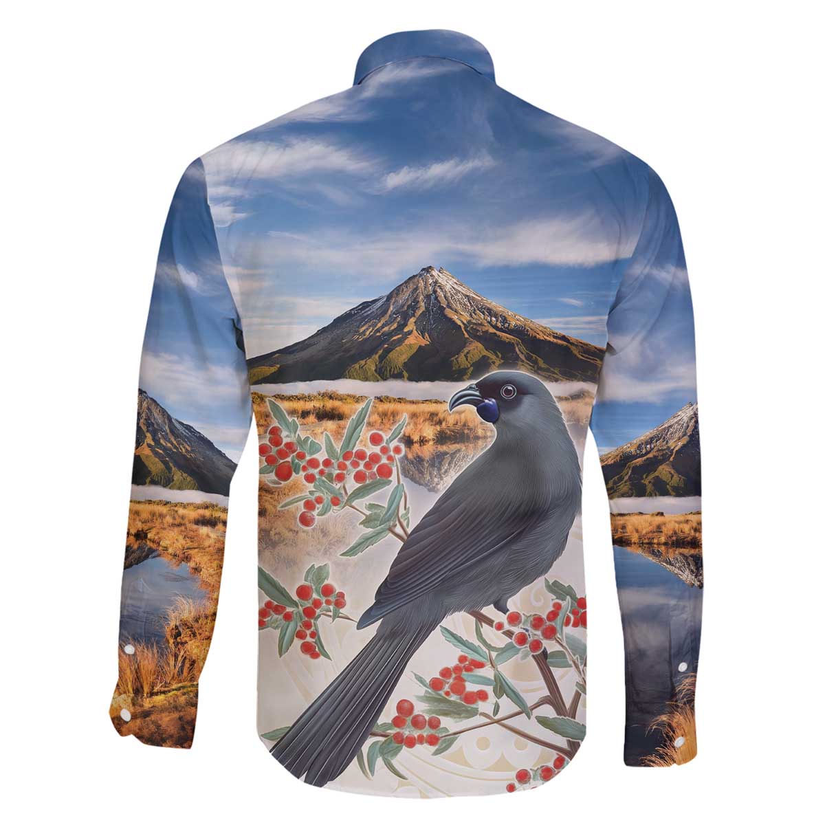 New Zealand Mount Taranaki Landscape Family Matching Off The Shoulder Long Sleeve Dress and Hawaiian Shirt Kokako Bird Polynesian Style