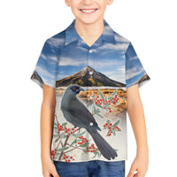 New Zealand Mount Taranaki Landscape Family Matching Off The Shoulder Long Sleeve Dress and Hawaiian Shirt Kokako Bird Polynesian Style