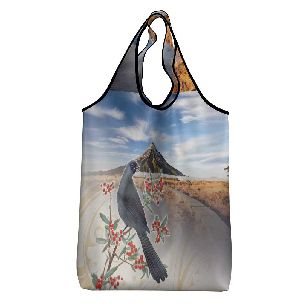 New Zealand Mount Taranaki Landscape Grocery Bag Kokako Bird Polynesian Style