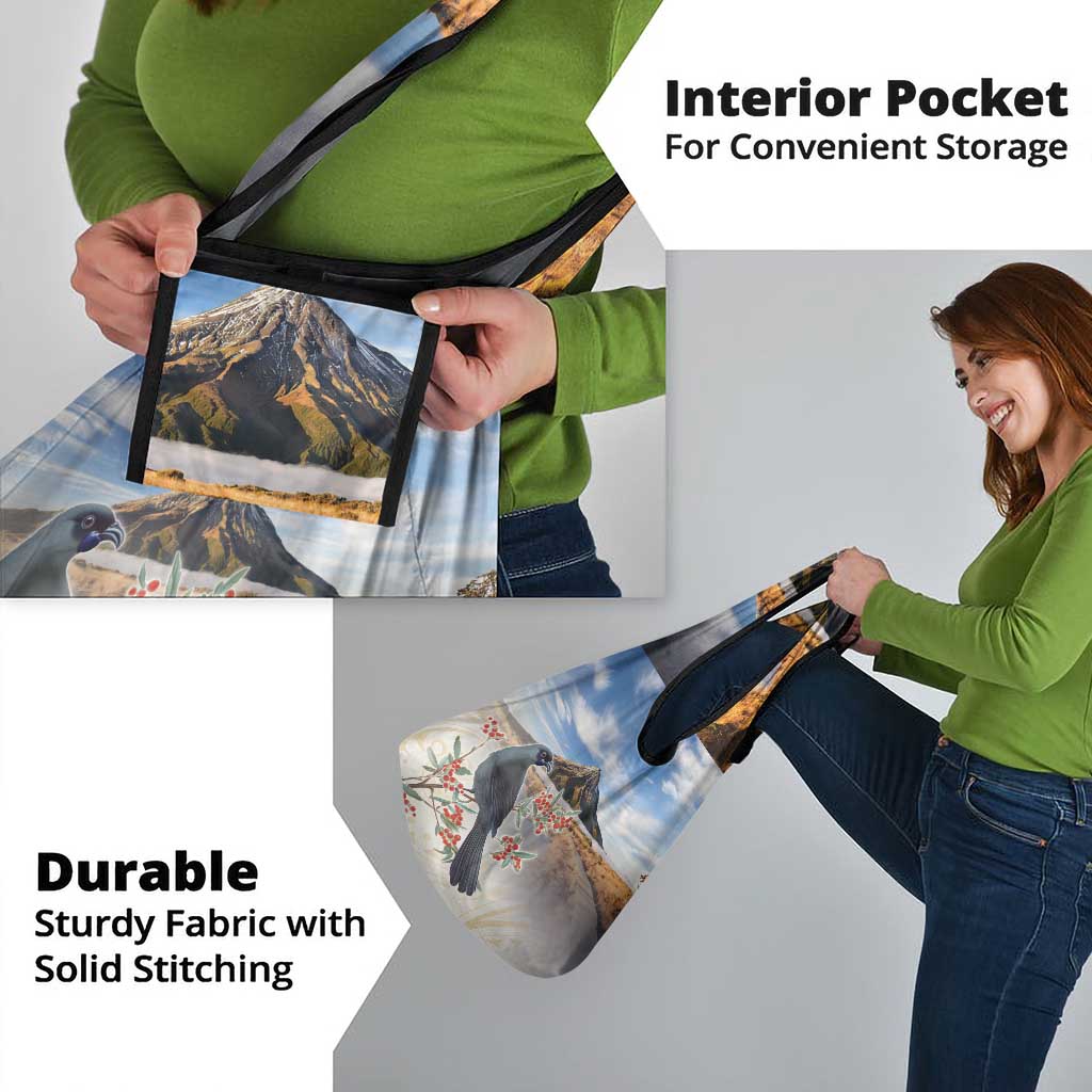 New Zealand Mount Taranaki Landscape Grocery Bag Kokako Bird Polynesian Style