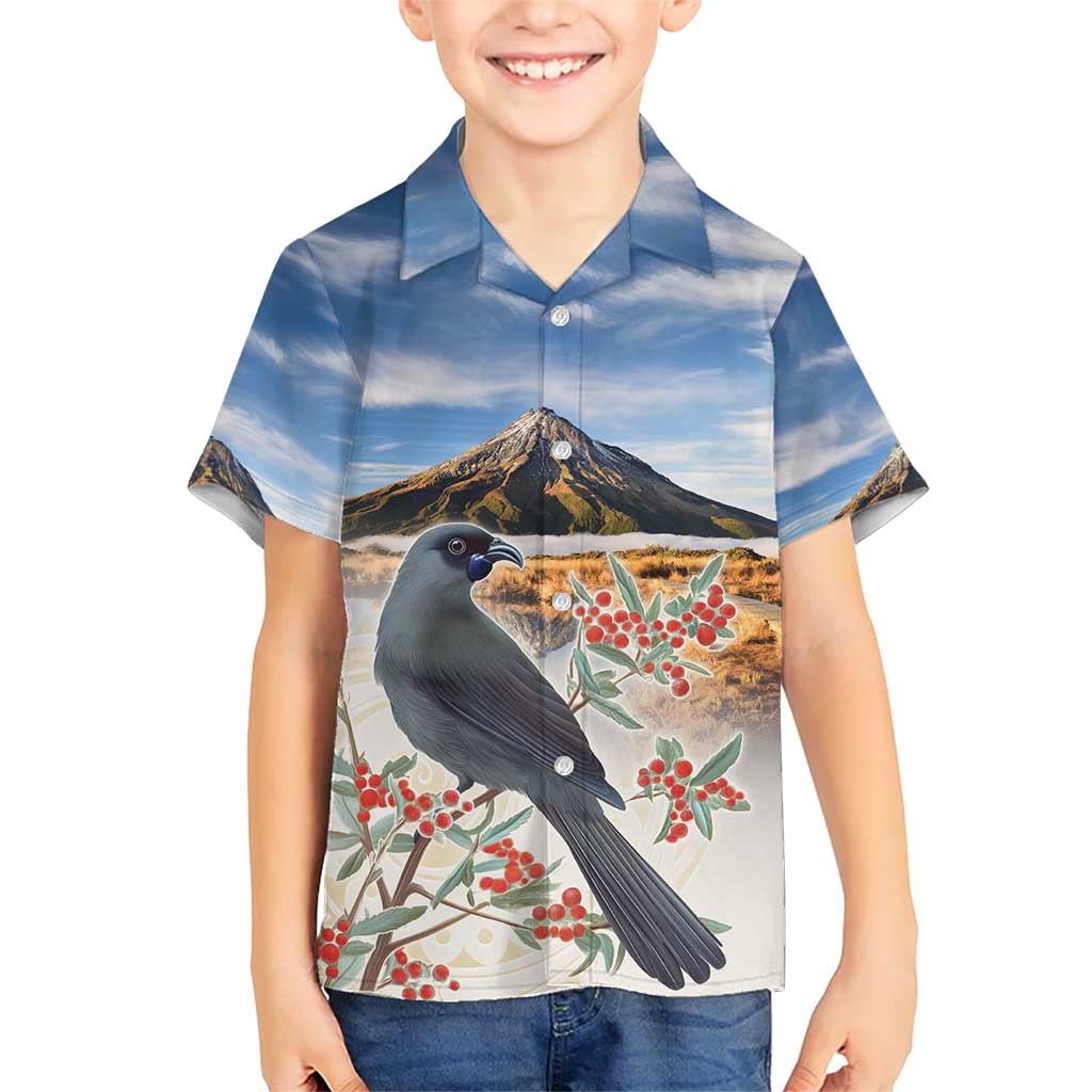 New Zealand Mount Taranaki Landscape Kid Hawaiian Shirt Kokako Bird Polynesian Style LT05 Kid Blue - Polynesian Pride