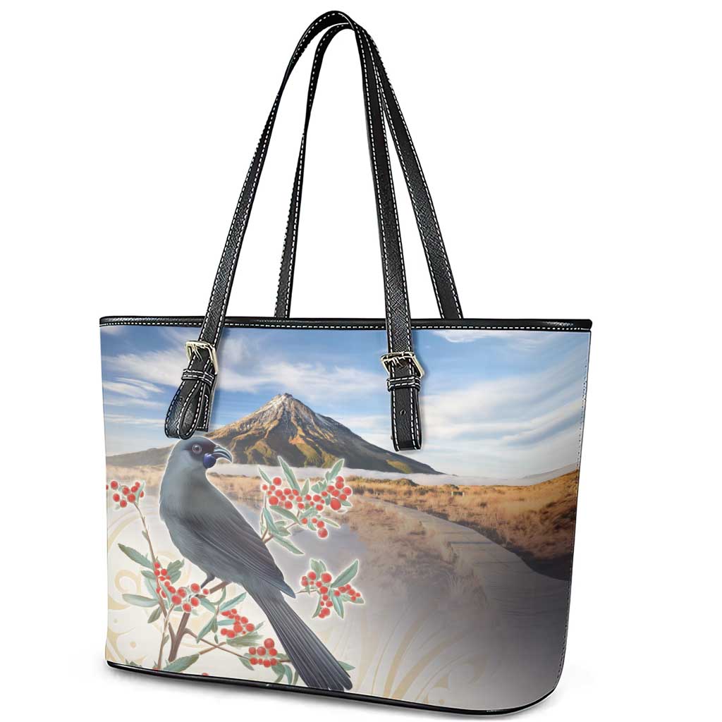 New Zealand Mount Taranaki Landscape Leather Tote Bag Kokako Bird Polynesian Style