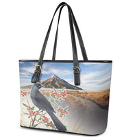 New Zealand Mount Taranaki Landscape Leather Tote Bag Kokako Bird Polynesian Style