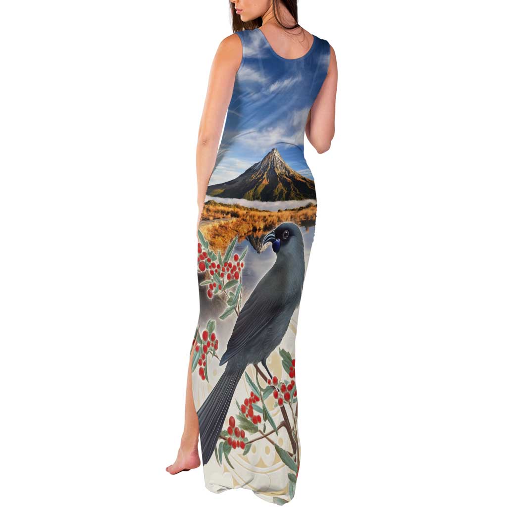 New Zealand Mount Taranaki Landscape Tank Maxi Dress Kokako Bird Polynesian Style