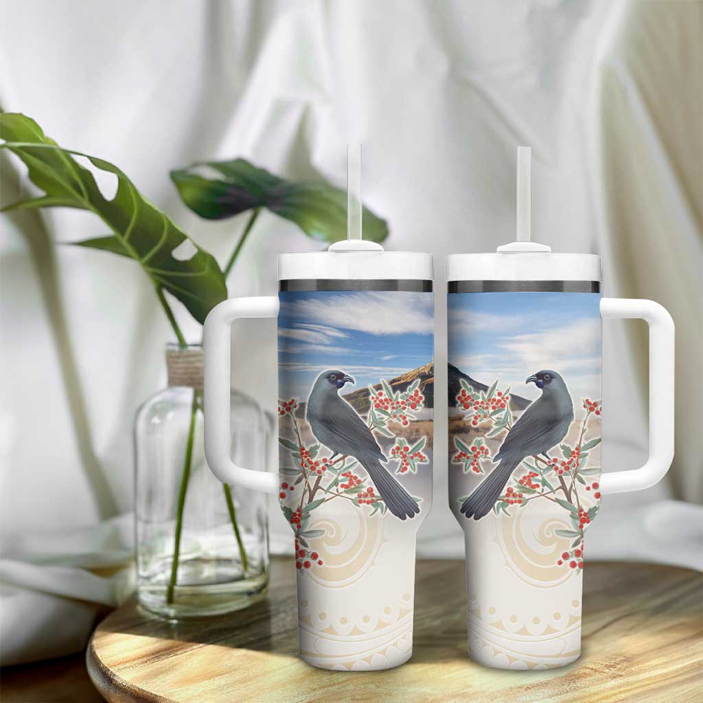 New Zealand Mount Taranaki Landscape Tumbler With Handle Kokako Bird Polynesian Style