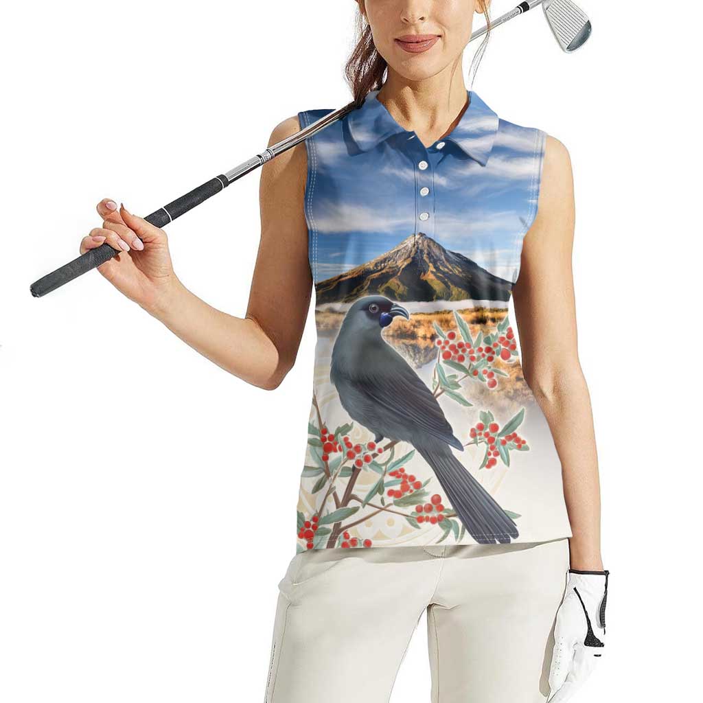 New Zealand Mount Taranaki Landscape Women Sleeveless Polo Shirt Kokako Bird Polynesian Style