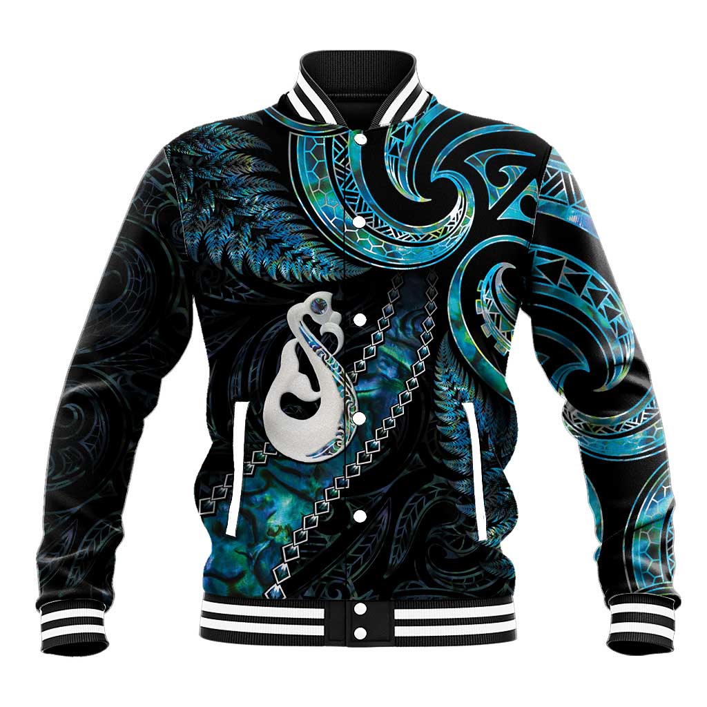 New Zealand Aotearoa Baseball Jacket Maori Manaia Paua Shell Glitter Turquoise LT05 Unisex Turquoise - Polynesian Pride