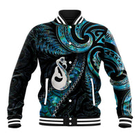 New Zealand Aotearoa Baseball Jacket Maori Manaia Paua Shell Glitter Turquoise LT05 Unisex Turquoise - Polynesian Pride