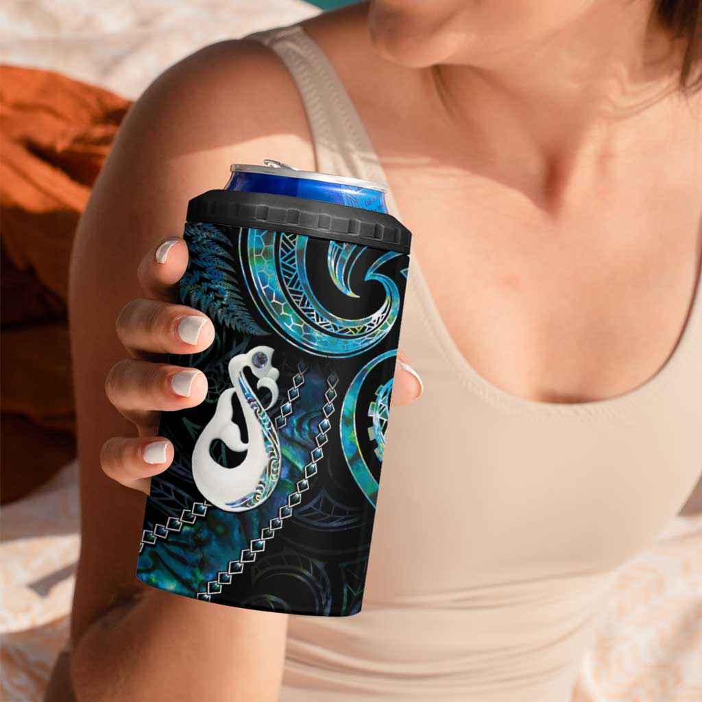New Zealand Aotearoa 4 in 1 Can Cooler Tumbler Maori Manaia Paua Shell Glitter Turquoise