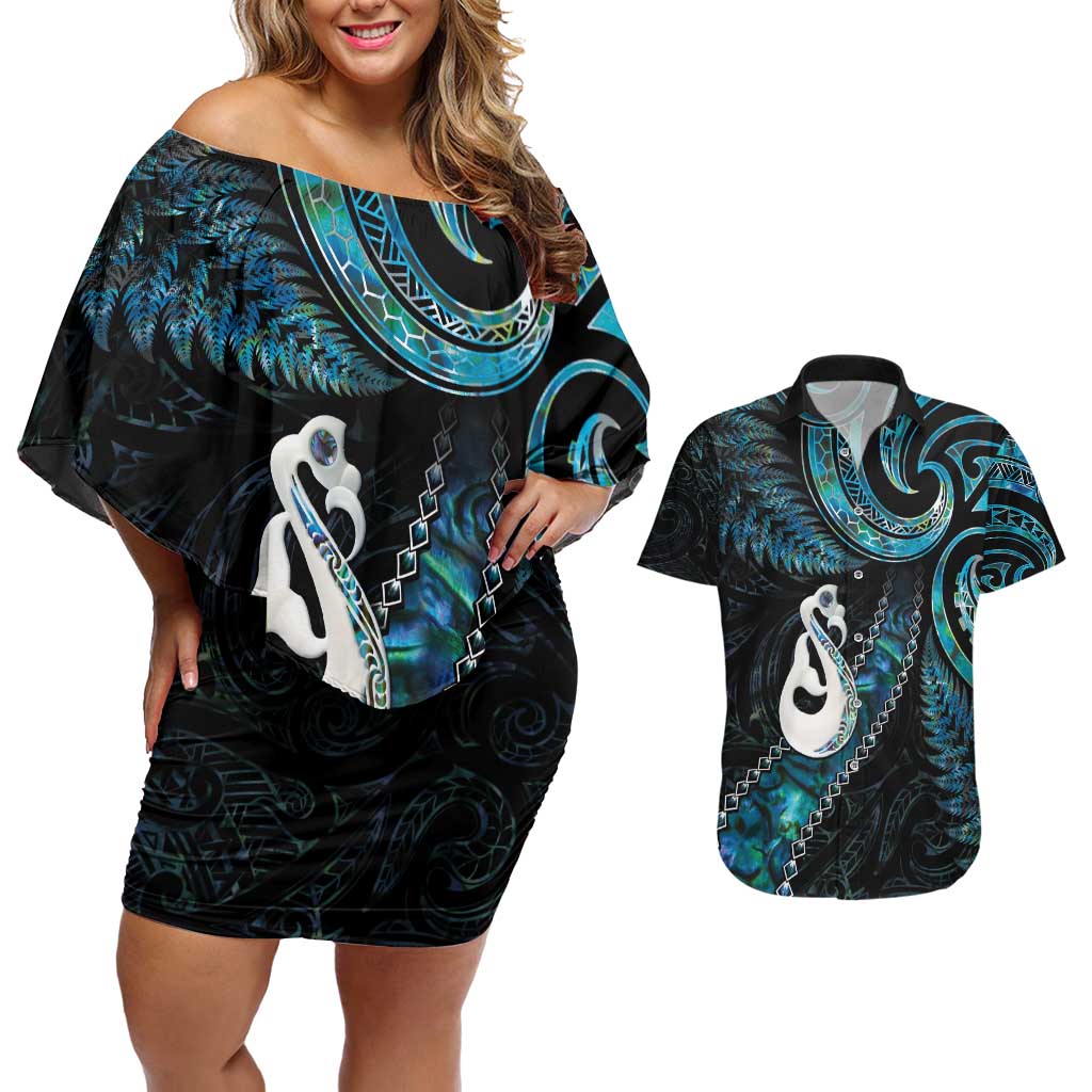 New Zealand Aotearoa Couples Matching Off Shoulder Short Dress and Hawaiian Shirt Maori Manaia Paua Shell Glitter Turquoise