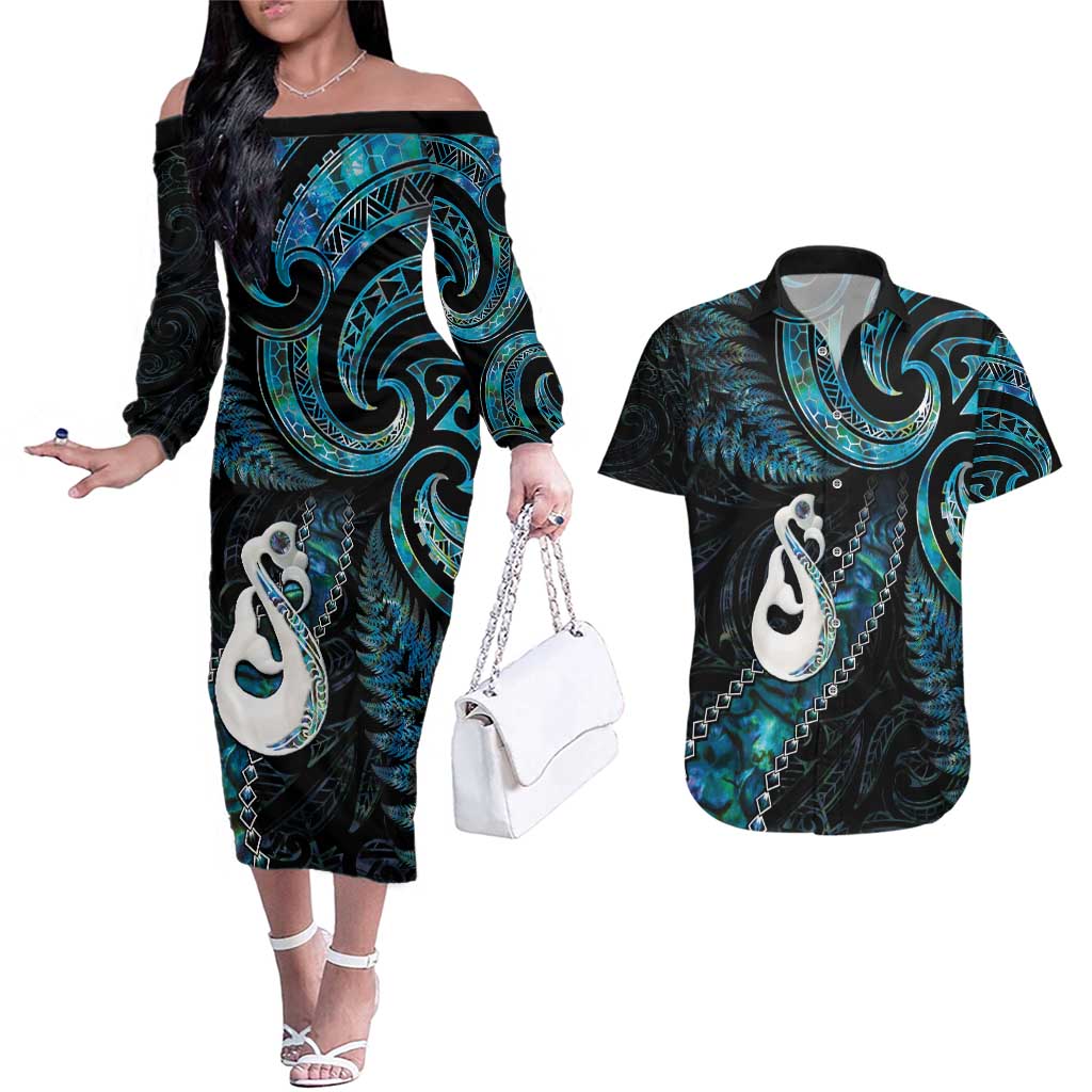 New Zealand Aotearoa Couples Matching Off The Shoulder Long Sleeve Dress and Hawaiian Shirt Maori Manaia Paua Shell Glitter Turquoise