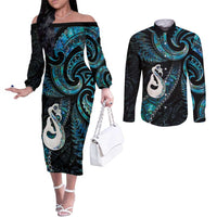 New Zealand Aotearoa Couples Matching Off The Shoulder Long Sleeve Dress and Long Sleeve Button Shirt Maori Manaia Paua Shell Glitter Turquoise LT05 Turquoise - Polynesian Pride