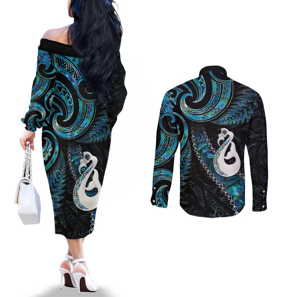 New Zealand Aotearoa Couples Matching Off The Shoulder Long Sleeve Dress and Long Sleeve Button Shirt Maori Manaia Paua Shell Glitter Turquoise LT05 - Polynesian Pride