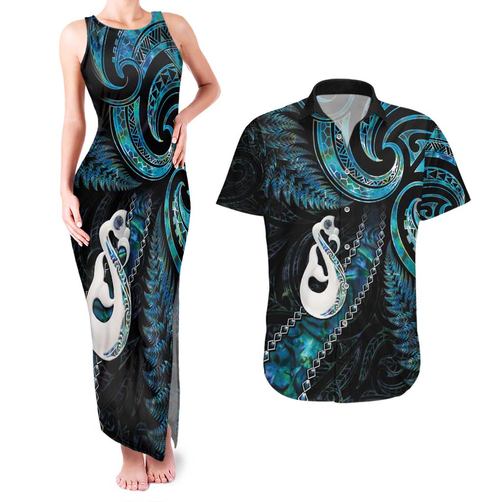 New Zealand Aotearoa Couples Matching Tank Maxi Dress and Hawaiian Shirt Maori Manaia Paua Shell Glitter Turquoise