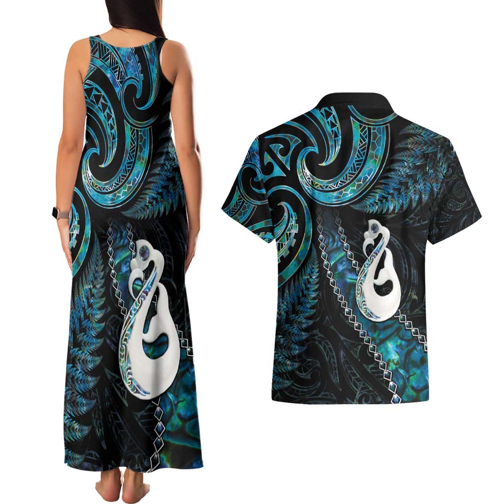New Zealand Aotearoa Couples Matching Tank Maxi Dress and Hawaiian Shirt Maori Manaia Paua Shell Glitter Turquoise