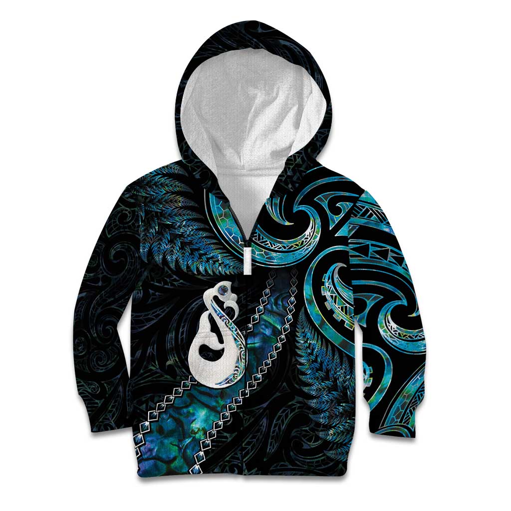 New Zealand Aotearoa Kid Hoodie Maori Manaia Paua Shell Glitter Turquoise LT05 Zip Hoodie Turquoise - Polynesian Pride