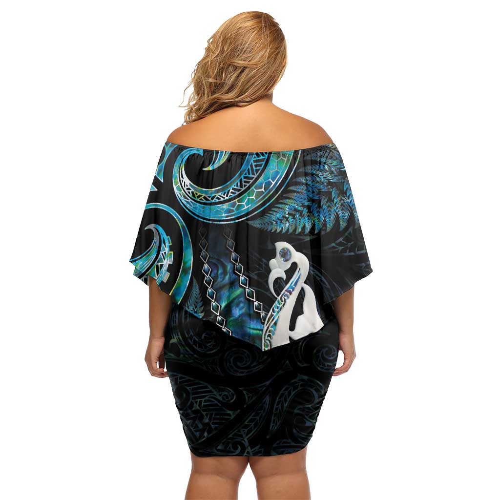 New Zealand Aotearoa Off Shoulder Short Dress Maori Manaia Paua Shell Glitter Turquoise LT05 - Polynesian Pride