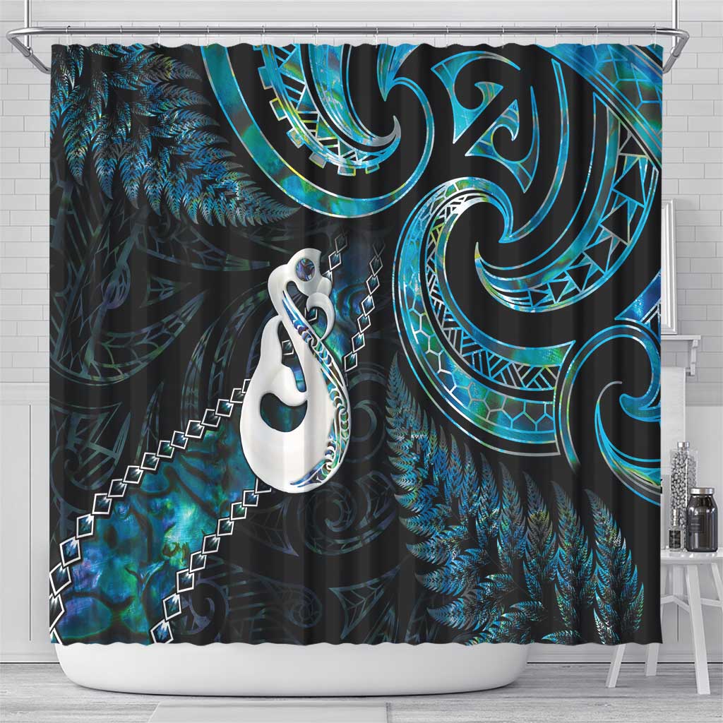 New Zealand Aotearoa Shower Curtain Maori Manaia Paua Shell Glitter Turquoise