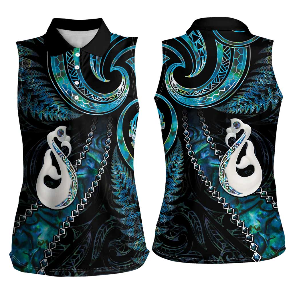New Zealand Aotearoa Women Sleeveless Polo Shirt Maori Manaia Paua Shell Glitter Turquoise