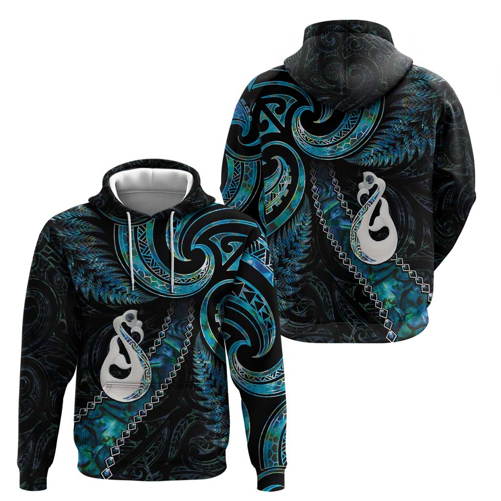 New Zealand Aotearoa Zip Hoodie Maori Manaia Paua Shell Glitter Turquoise