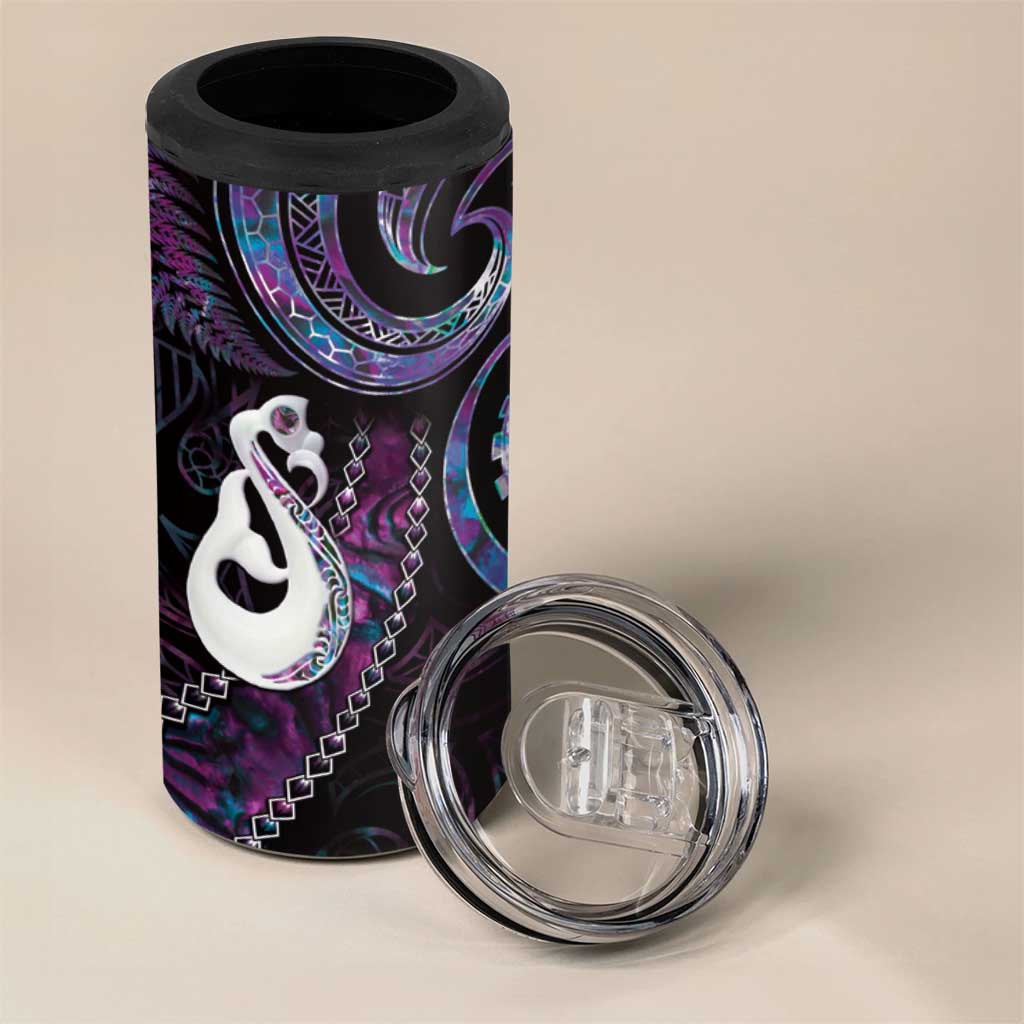 New Zealand Aotearoa 4 in 1 Can Cooler Tumbler Maori Manaia Paua Shell Glitter Purple