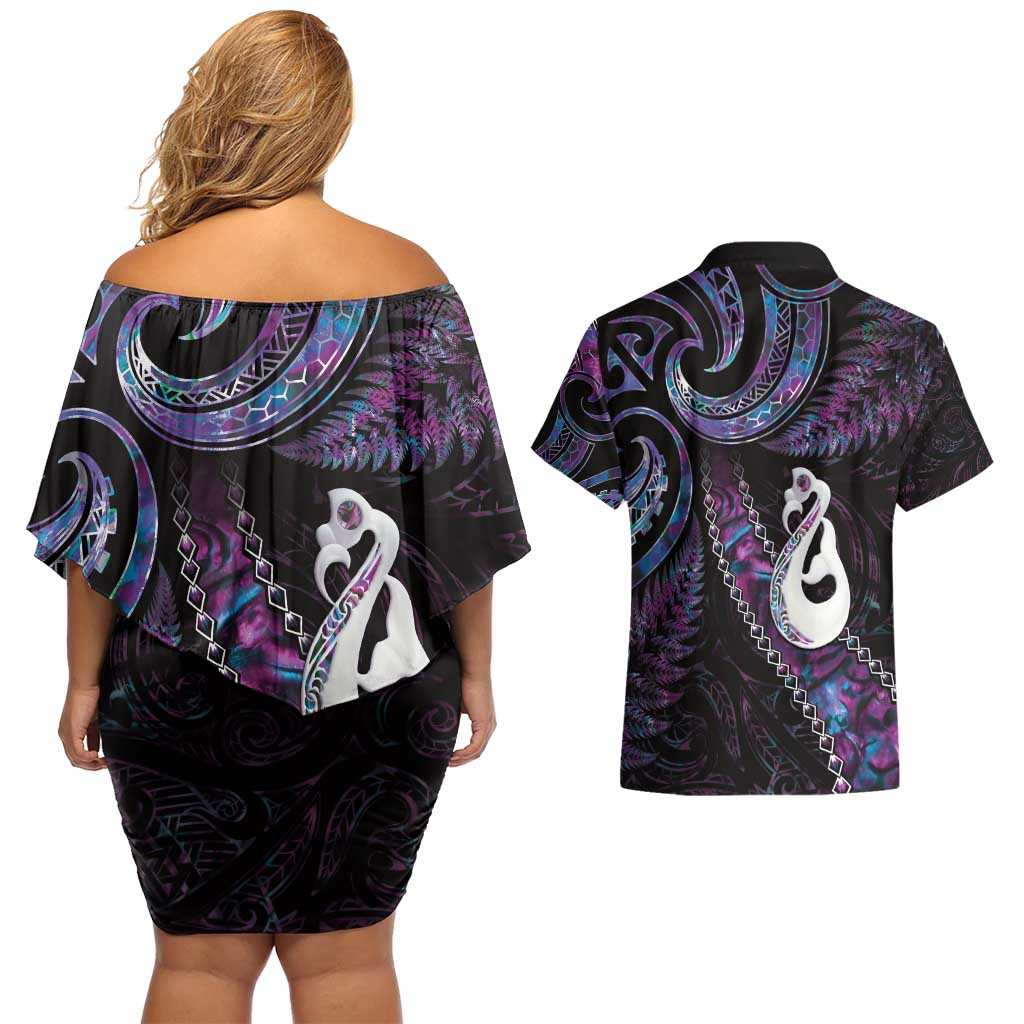 New Zealand Aotearoa Couples Matching Off Shoulder Short Dress and Hawaiian Shirt Maori Manaia Paua Shell Glitter Purple