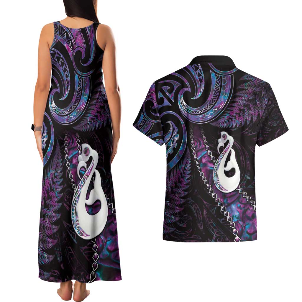 New Zealand Aotearoa Couples Matching Tank Maxi Dress and Hawaiian Shirt Maori Manaia Paua Shell Glitter Purple
