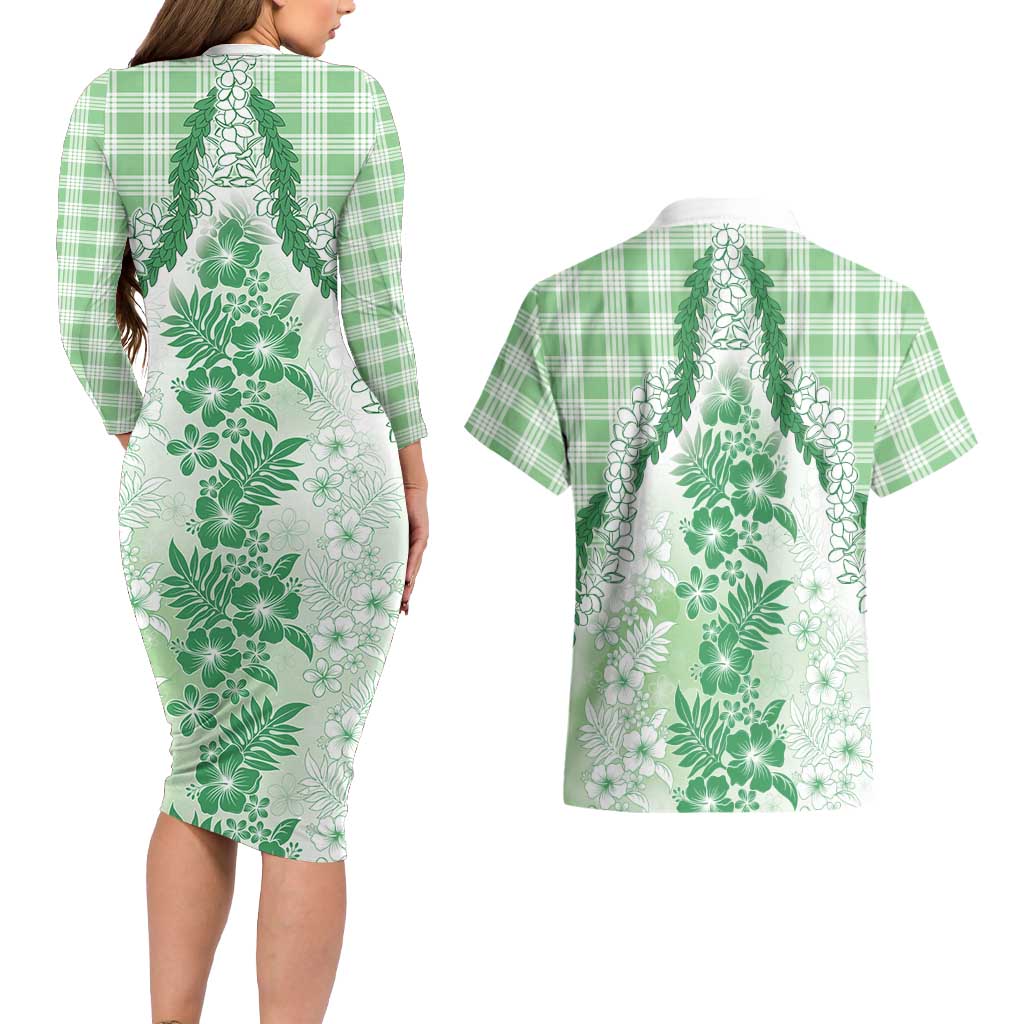 Aloha Hawaii Palaka Couples Matching Long Sleeve Bodycon Dress and Hawaiian Shirt Green Plumeria Lei - Polynesian Pride