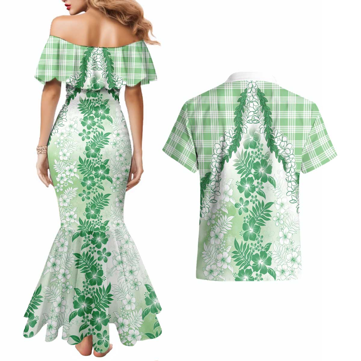 Aloha Hawaii Palaka Couples Matching Mermaid Dress and Hawaiian Shirt Green Plumeria Lei - Polynesian Pride