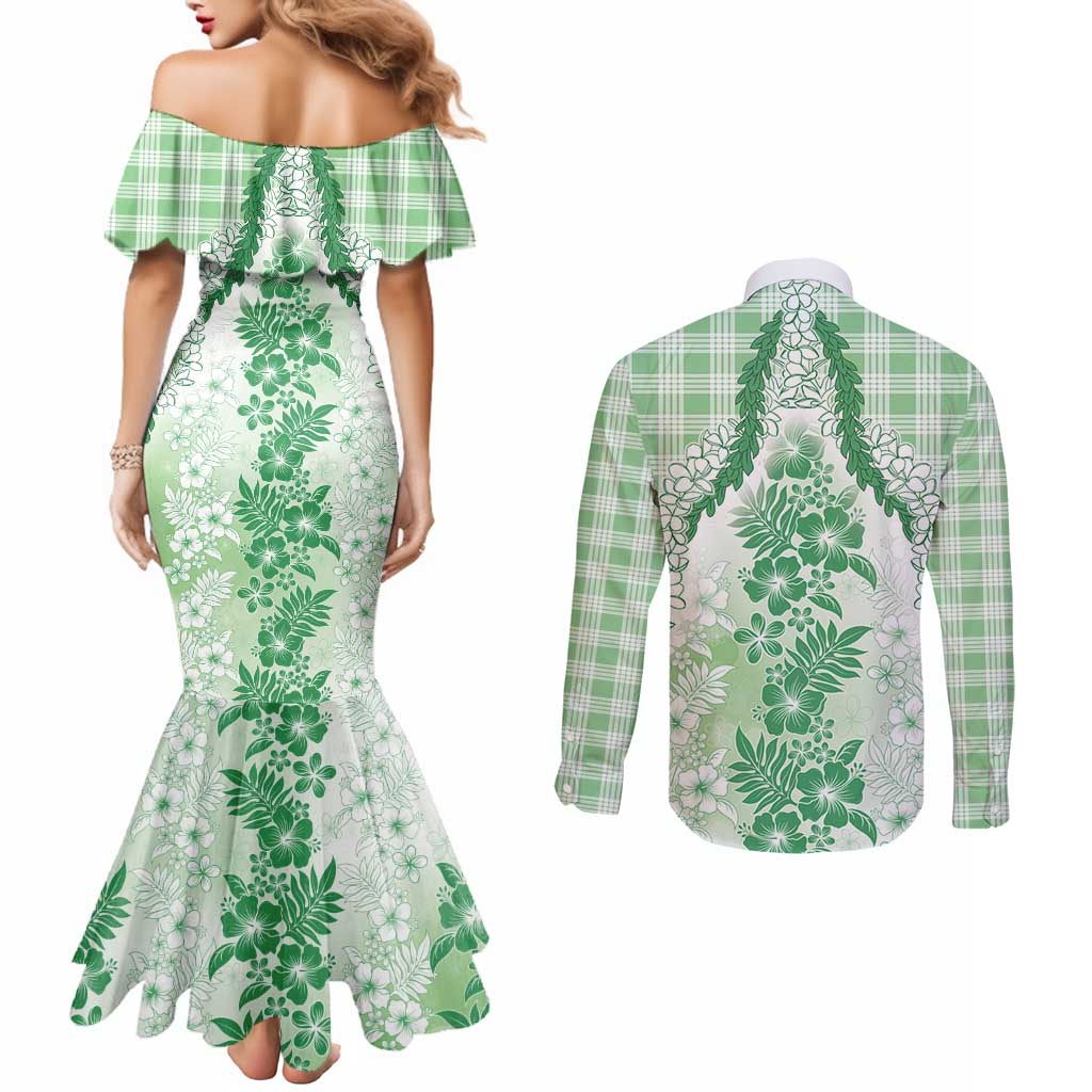 Aloha Hawaii Palaka Couples Matching Mermaid Dress and Long Sleeve Button Shirt Green Plumeria Lei - Polynesian Pride