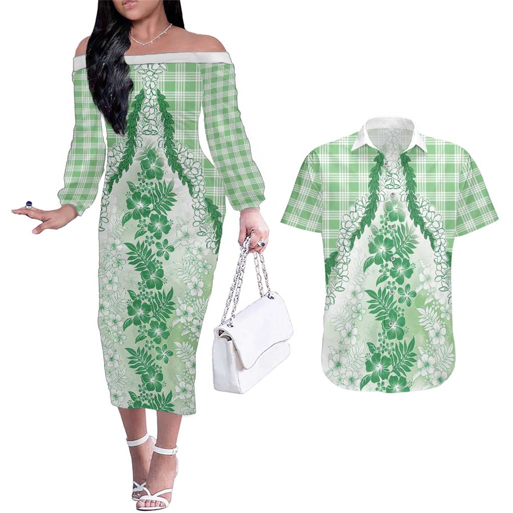 Aloha Hawaii Palaka Couples Matching Off The Shoulder Long Sleeve Dress and Hawaiian Shirt Green Plumeria Lei - Polynesian Pride
