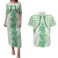 Aloha Hawaii Palaka Couples Matching Puletasi and Hawaiian Shirt Green Plumeria Lei - Polynesian Pride