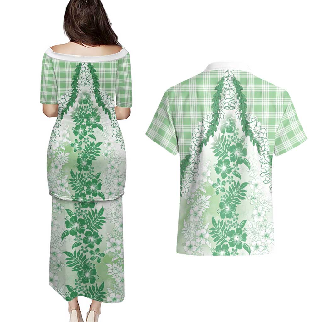 Aloha Hawaii Palaka Couples Matching Puletasi and Hawaiian Shirt Green Plumeria Lei - Polynesian Pride