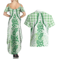 Aloha Hawaii Palaka Couples Matching Summer Maxi Dress and Hawaiian Shirt Green Plumeria Lei - Polynesian Pride