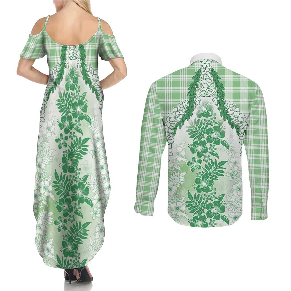 Aloha Hawaii Palaka Couples Matching Summer Maxi Dress and Long Sleeve Button Shirt Green Plumeria Lei - Polynesian Pride