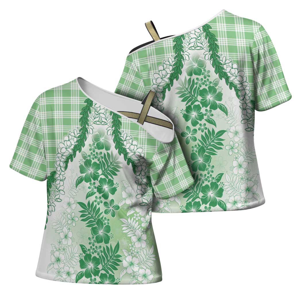 Aloha Hawaii Palaka Cross Shoulder Shirt Green Plumeria Lei LT05 - Polynesian Pride