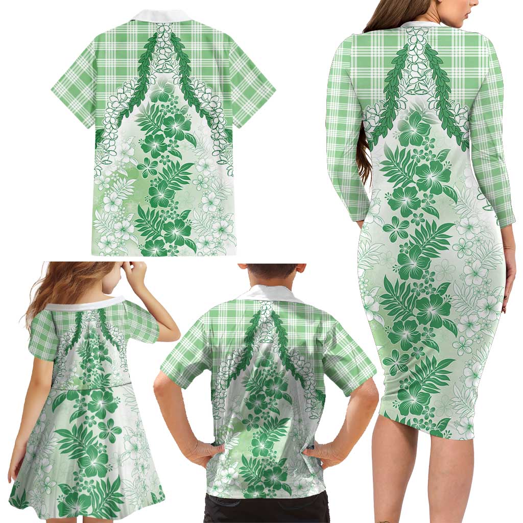 Aloha Hawaii Palaka Family Matching Long Sleeve Bodycon Dress and Hawaiian Shirt Green Plumeria Lei - Polynesian Pride