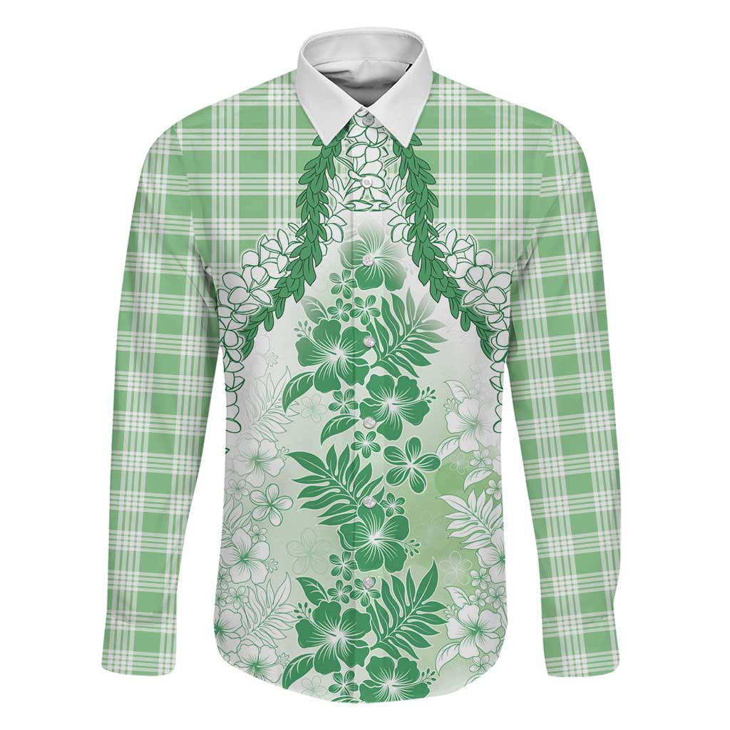 Aloha Hawaii Palaka Family Matching Long Sleeve Bodycon Dress and Hawaiian Shirt Green Plumeria Lei - Polynesian Pride