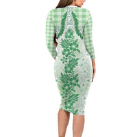 Aloha Hawaii Palaka Family Matching Long Sleeve Bodycon Dress and Hawaiian Shirt Green Plumeria Lei - Polynesian Pride