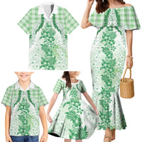 Aloha Hawaii Palaka Family Matching Mermaid Dress and Hawaiian Shirt Green Plumeria Lei - Polynesian Pride